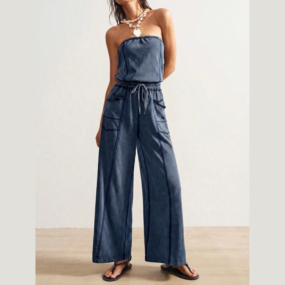 Blue Strapless Wide Leg Jumpsuit with Cargo Pockets